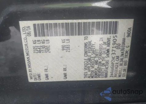 2017 Nissan Maxima 3.5 Platinum/3.5 S/3.5 Sl/3.5 Sr/3.5 Sv z USA, uszkodzony, nr VIN 1N4AA6AP2HC371905